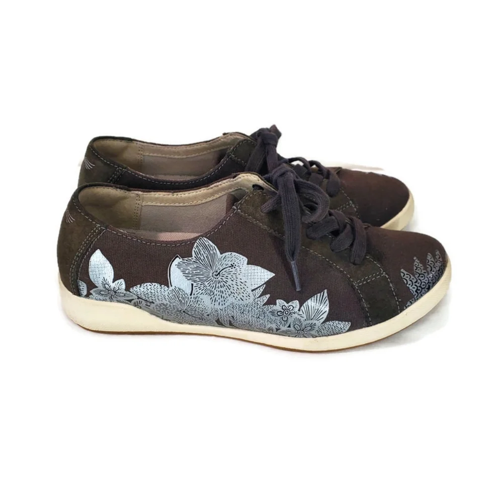 Dansko Olisa Brown Canvas and Suede Silver Metallic Floral Print Sneakers EU 38